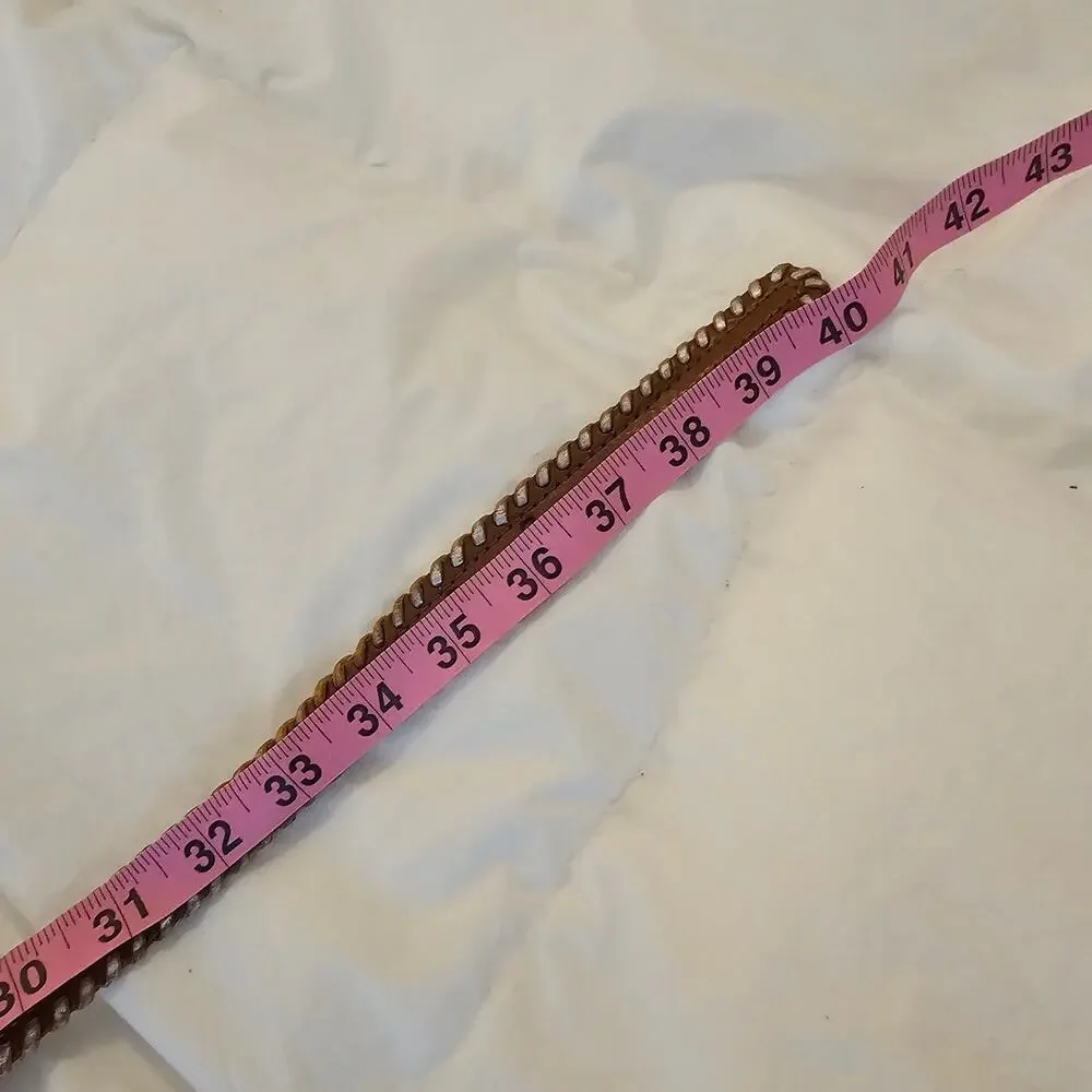 J.Crew Brown Leather Whipstitch Skinny Belt Metallic Lace Trim Size S